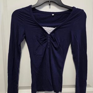Women's Navy Blue Long Sleeve Shirt with Lace Detail